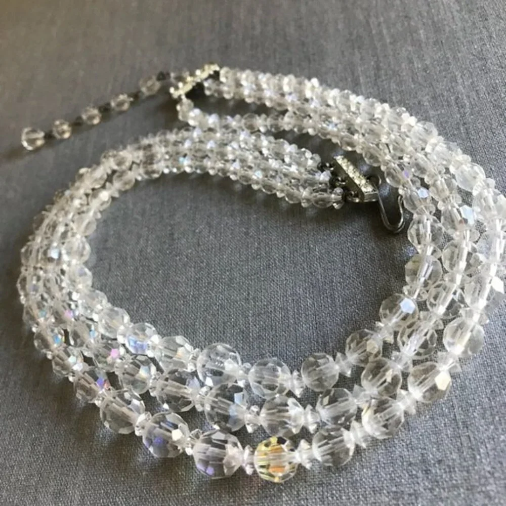 Vintage 3 Strand Aurora Borealis Crystal Necklace Rhinestone Extension 14-16 In